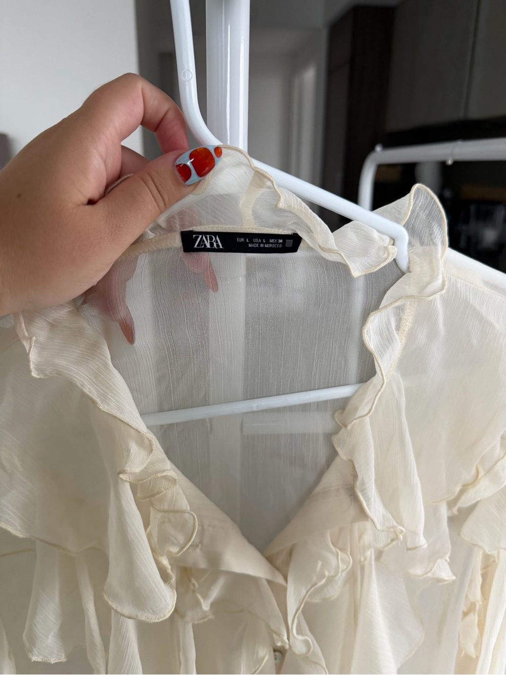 Zara Cream Sheer Ruffle Button Blouse - Picture 2 of 5